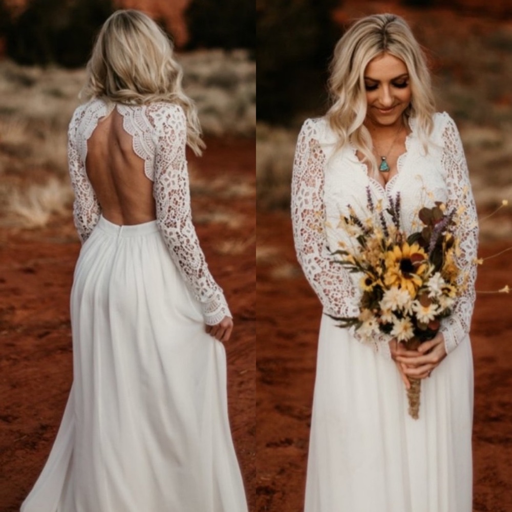 LULU’S Awaken My Love White Long Sleeve Lace Maxi Dress Sz L